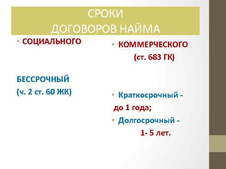 СРОКИ ДОГОВОРОВ НАЙМА • СОЦИАЛЬНОГО БЕССРОЧНЫЙ (ч. 2 ст. 60 ЖК) • КОММЕРЧЕСКОГО (ст.