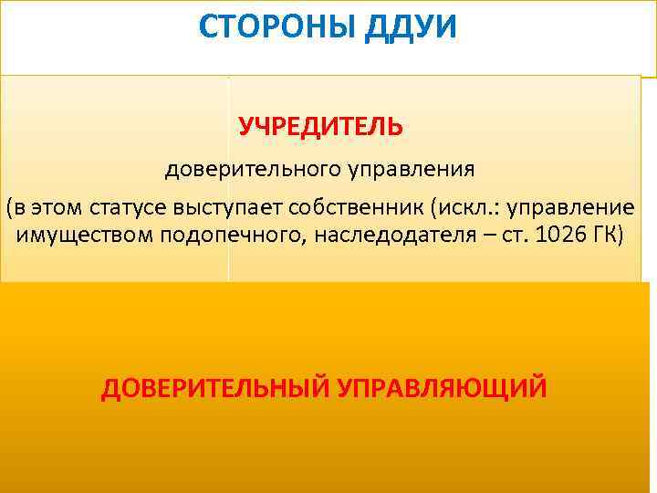 СТОРОНЫ ДДУИ УЧРЕДИТЕЛЬ доверительного управления (в этом статусе выступает собственник (искл. : управление имуществом