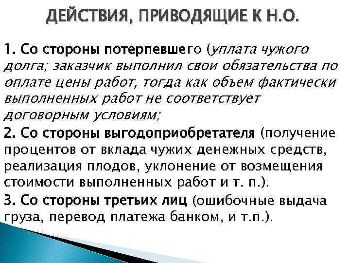 ДЕЙСТВИЯ, ПРИВОДЯЩИЕ К Н. О. 1. Со стороны потерпевшего (уплата чужого долга; заказчик выполнил