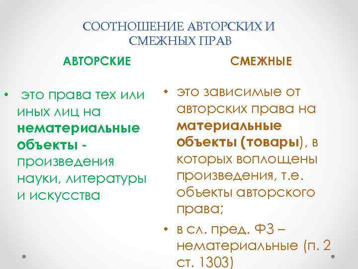 СООТНОШЕНИЕ АВТОРСКИХ И СМЕЖНЫХ ПРАВ АВТОРСКИЕ • это права тех или иных лиц на