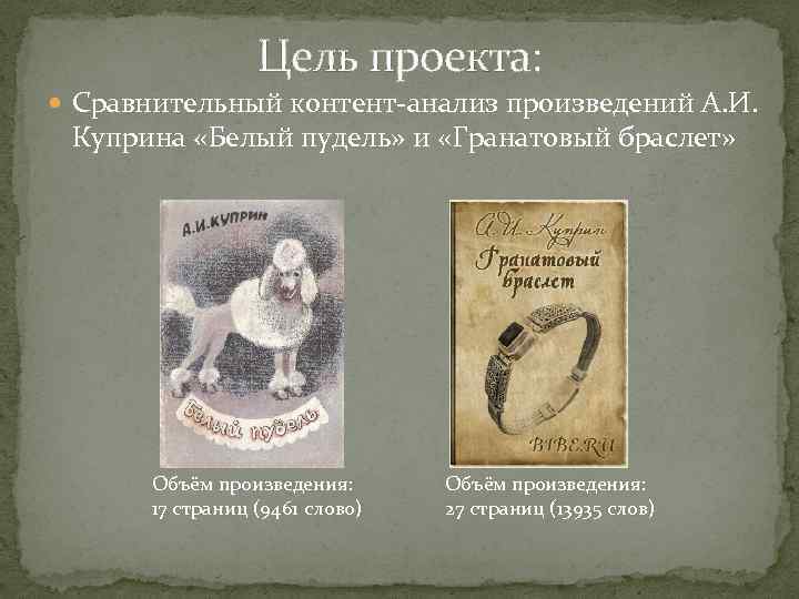 Цель проекта: Сравнительный контент-анализ произведений А. И. Куприна «Белый пудель» и «Гранатовый браслет» Объём
