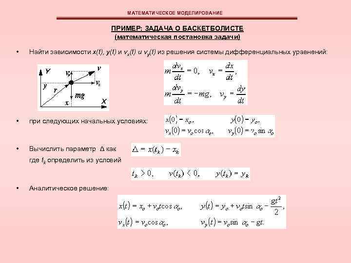МАТЕМАТИЧЕСКОЕ МОДЕЛИРОВАНИЕ ПРИМЕР: ЗАДАЧА О БАСКЕТБОЛИСТЕ (математическая постановка задачи) • Найти зависимости x(t), y(t)