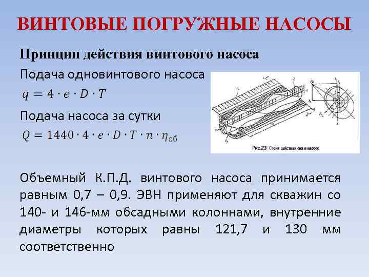 ВИНТОВЫЕ ПОГРУЖНЫЕ НАСОСЫ Принцип действия винтового насоса Подача одновинтового насоса Подача насоса за сутки