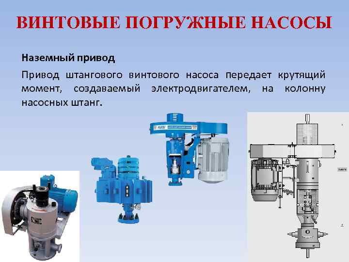 ВИНТОВЫЕ ПОГРУЖНЫЕ НАСОСЫ Наземный привод Привод штангового винтового насоса передает крутящий момент, создаваемый электродвигателем,