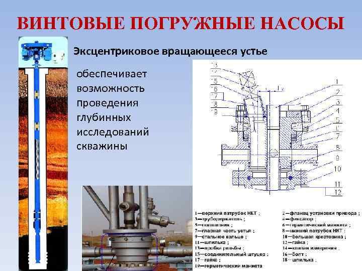 ВИНТОВЫЕ ПОГРУЖНЫЕ НАСОСЫ Эксцентриковое вращающееся устье обеспечивает возможность проведения глубинных исследований скважины 