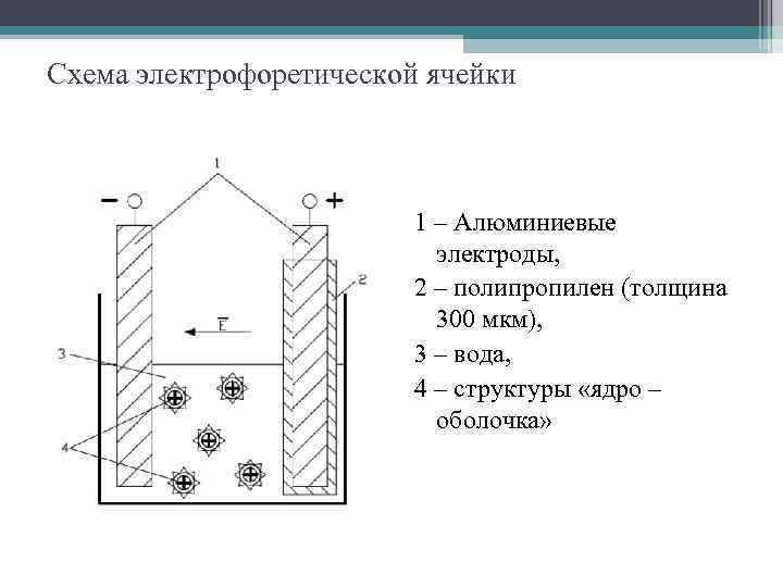 Схема электрофоретической ячейки 1 – Алюминиевые электроды, 2 – полипропилен (толщина 300 мкм), 3