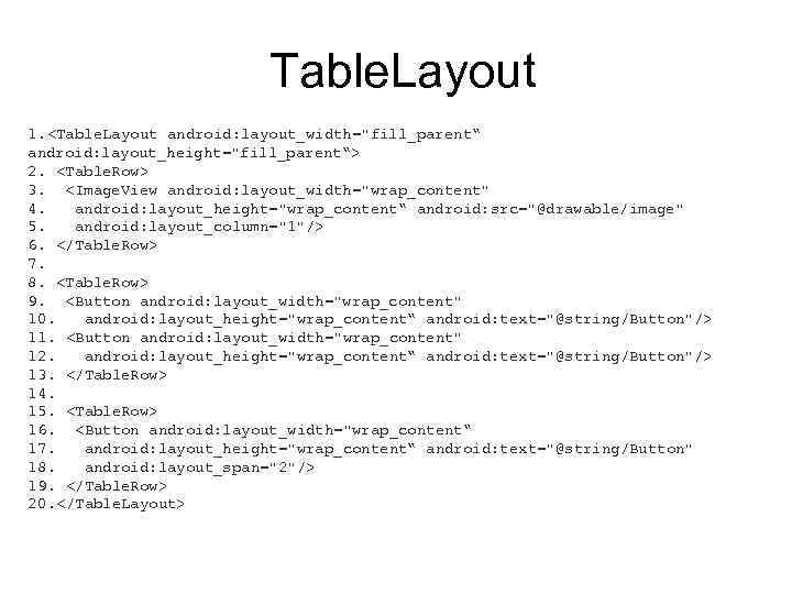 Table. Layout 1. <Table. Layout android: layout_width="fill_parent“ android: layout_height="fill_parent“> 2. <Table. Row> 3. <Image.