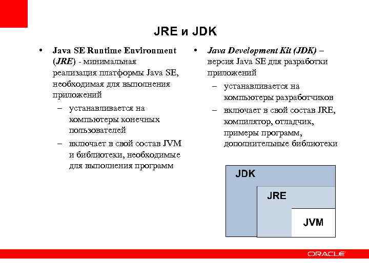 JRE и JDK • Java SE Runtime Environment (JRE) - минимальная реализация платформы Java