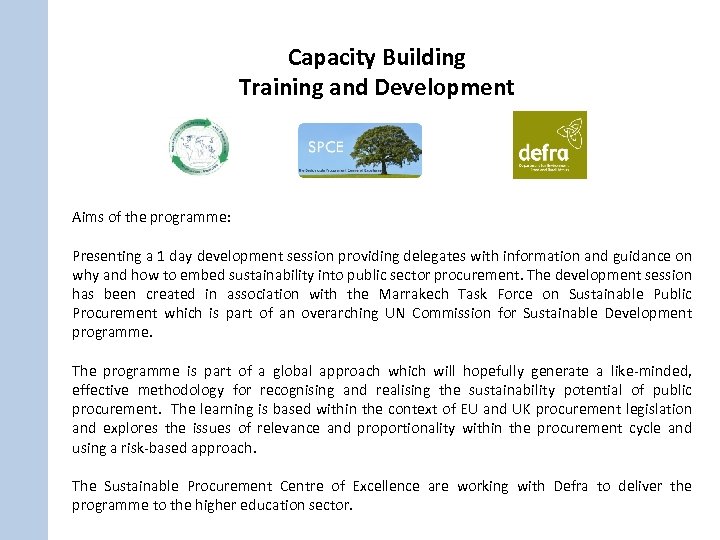 Capacity Building Training and Development Aims of the programme: Presenting a 1 day development