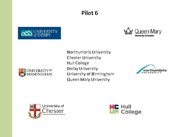 Pilot 6 Northumbria University Chester University Hull College Derby University of Birmingham Queen Mary