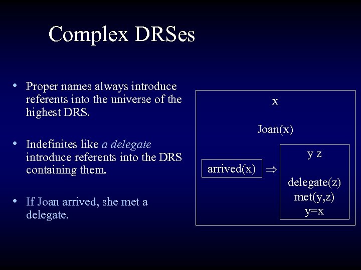 Complex DRSes • Proper names always introduce referents into the universe of the highest