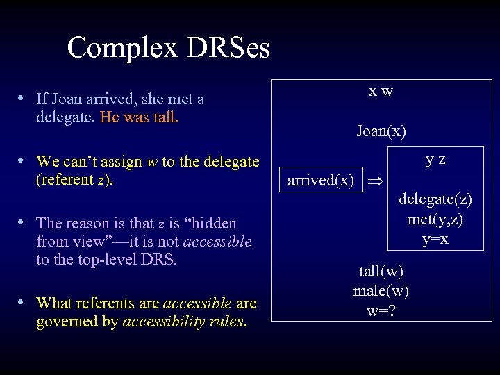 Complex DRSes • If Joan arrived, she met a delegate. He was tall. •