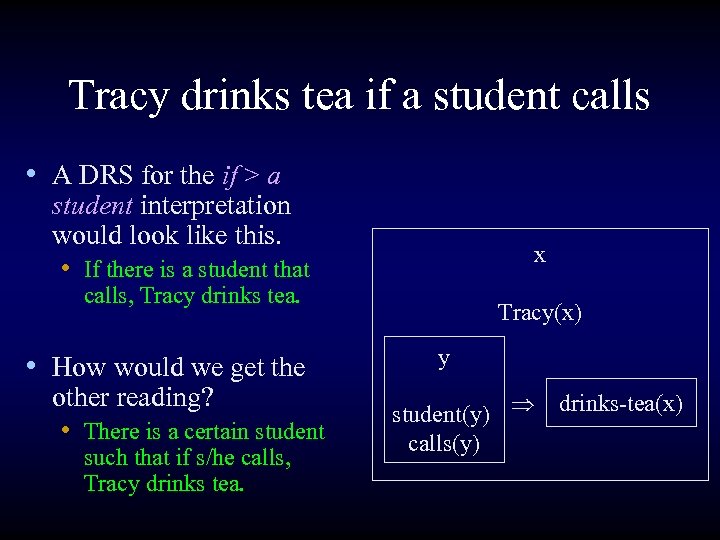 Tracy drinks tea if a student calls • A DRS for the if >