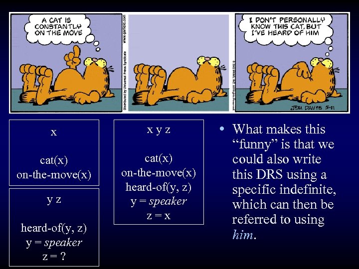 x xyz cat(x) on-the-move(x) heard-of(y, z) y = speaker z=x yz heard-of(y, z) y