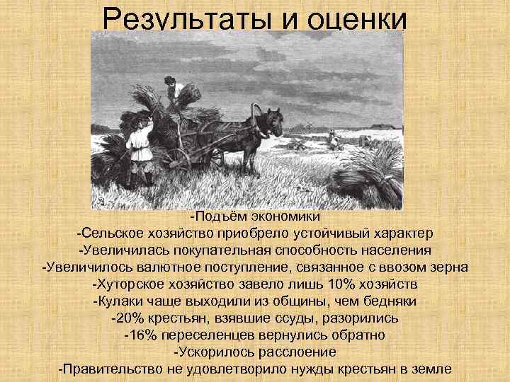 Результаты и оценки -Подъём экономики -Сельское хозяйство приобрело устойчивый характер -Увеличилась покупательная способность населения