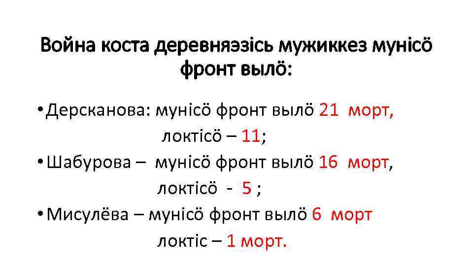 Война коста деревняэзiсь мужиккез мунiсö фронт вылö: • Дерсканова: мунiсö фронт вылö 21 морт,