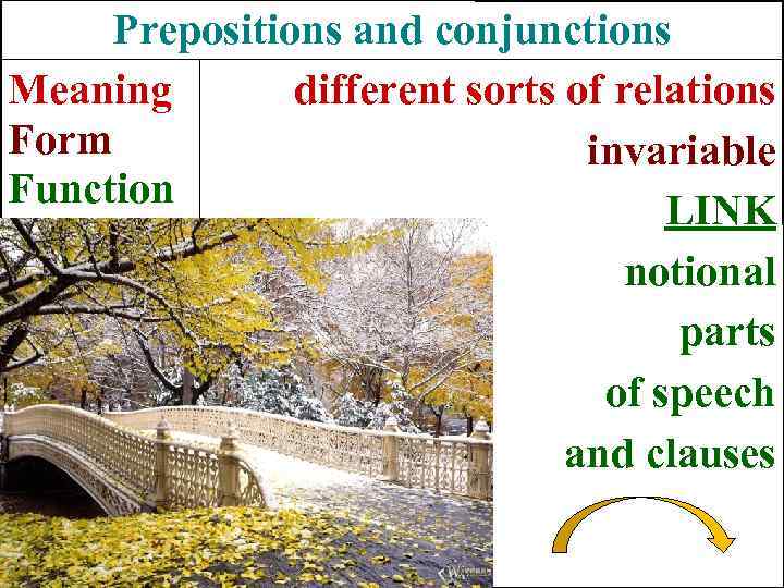 Prepositions and conjunctions different sorts of relations Meaning Form invariable Function LINK notional parts