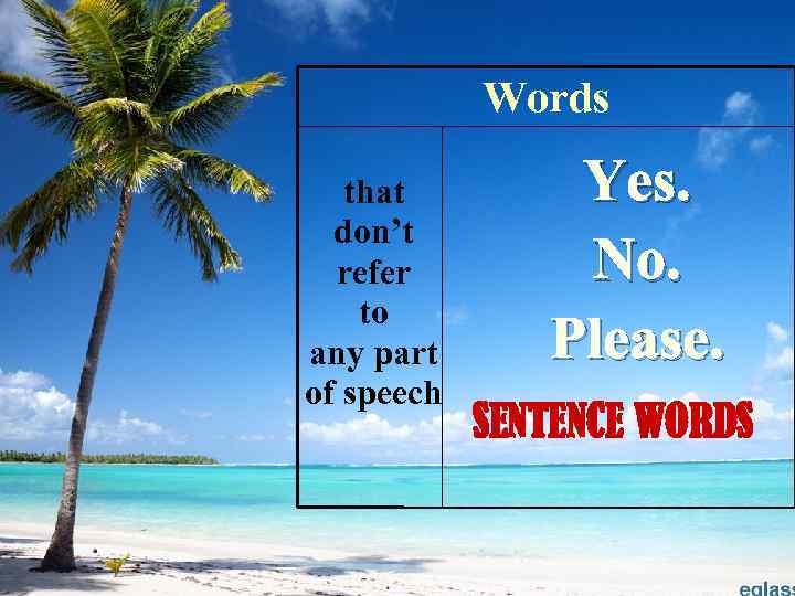Words that don’t refer to any part of speech Yes. No. Please. SENTENCE WORDS