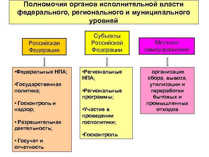 Полномочия органов исполнительной власти федерального, регионального и муниципального уровней Российская Федерация • Федеральные НПА;