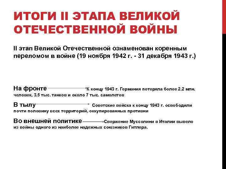 ИТОГИ II ЭТАПА ВЕЛИКОЙ ОТЕЧЕСТВЕННОЙ ВОЙНЫ II этап Великой Отечественной ознаменован коренным переломом в