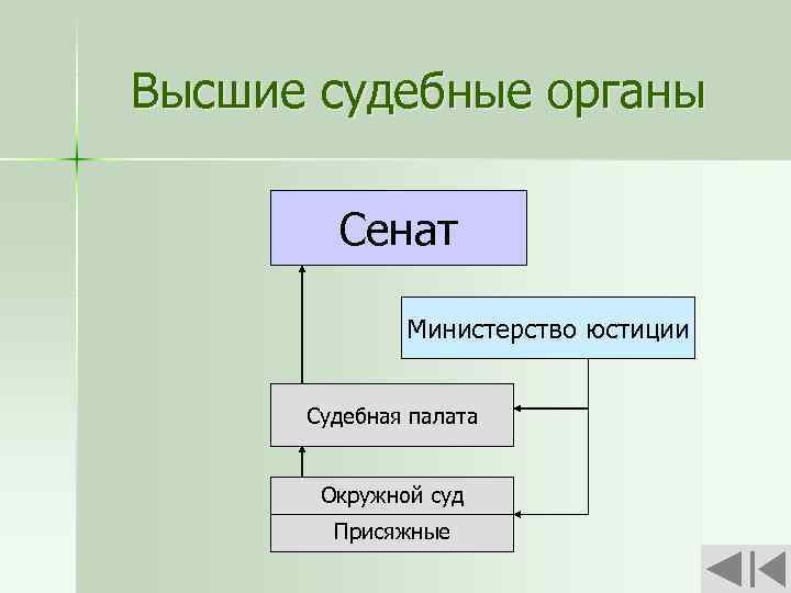 Высшие судебные органы Сенат Министерство юстиции Судебная палата Окружной суд Присяжные 