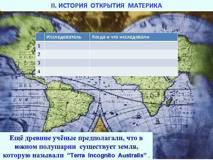 II. ИСТОРИЯ ОТКРЫТИЯ МАТЕРИКА Исследователь Когда и что исследовали 1 2 3 4 Ещё