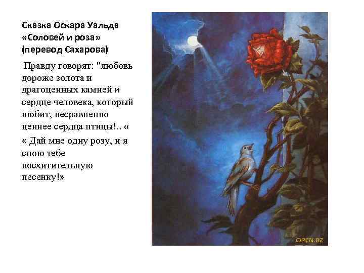 Сказка Оскара Уальда «Соловей и роза» (перевод Сахарова) Правду говорят: "любовь дороже золота и