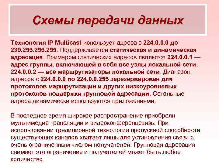 Схемы передачи данных Технология IP Multicast использует адреса с 224. 0. 0. 0 до