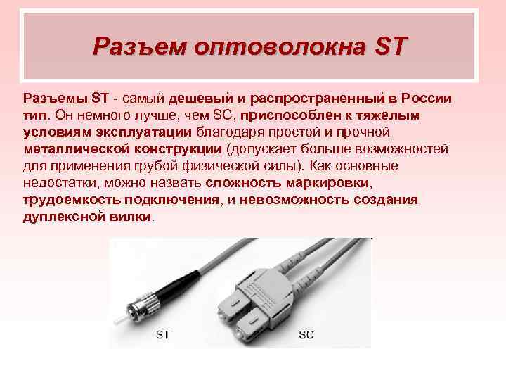 Разъем оптоволокна ST Разъемы ST самый дешевый и распространенный в России тип. Он немного