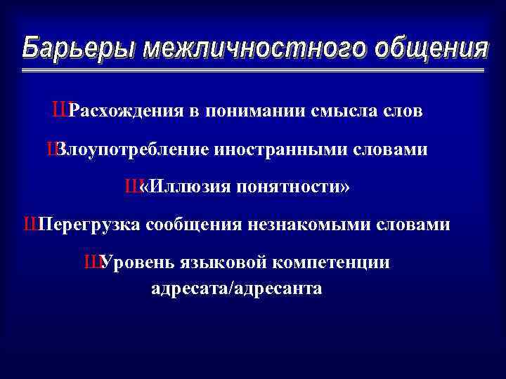 Ш Расхождения в понимании смысла слов Ш Злоупотребление иностранными словами Ш «Иллюзия понятности» Ш