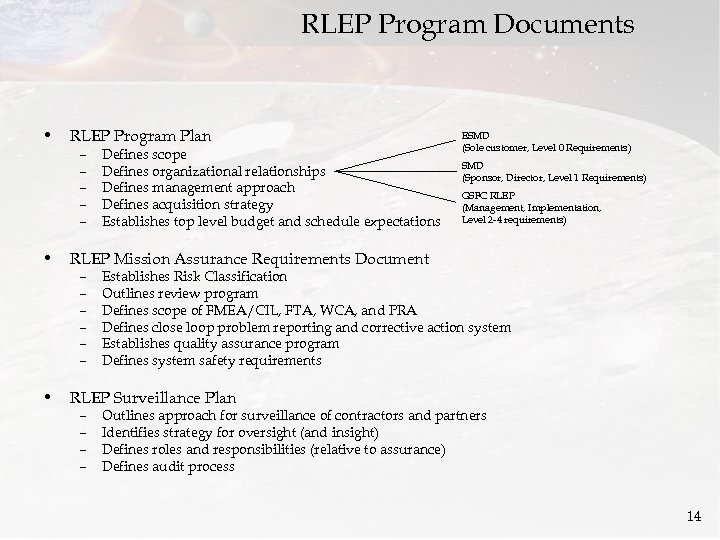 RLEP Program Documents • RLEP Program Plan – – – Defines scope Defines organizational