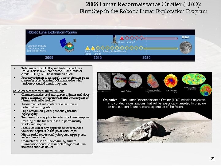 2008 Lunar Reconnaissance Orbiter (LRO): First Step in the Robotic Lunar Exploration Program •