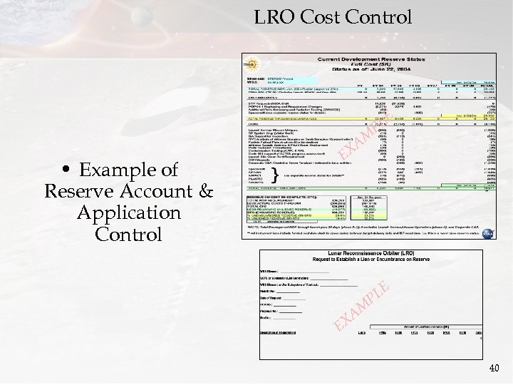 LRO Cost Control LE P • Example of Reserve Account & Application Control AM