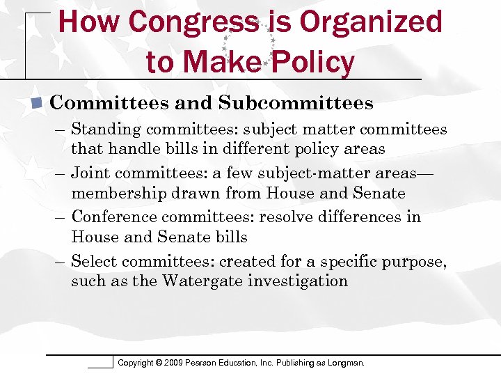 How Congress is Organized to Make Policy Committees and Subcommittees – Standing committees: subject