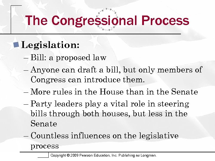 The Congressional Process Legislation: – Bill: a proposed law – Anyone can draft a