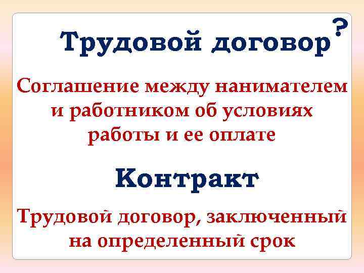 ? Трудовой договор Соглашение между нанимателем и работником об условиях работы и ее оплате