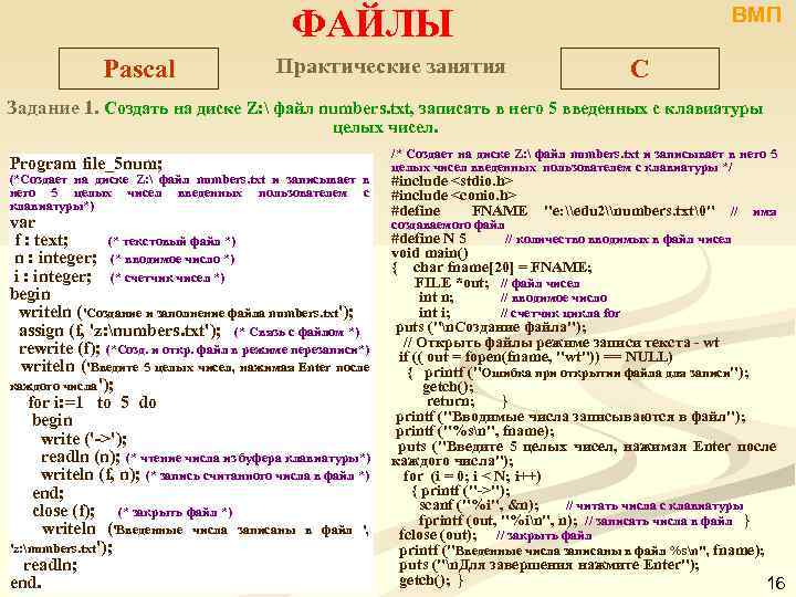 ФАЙЛЫ Pascal Практические занятия ВМП C Задание 1. Создать на диске Z:  файл