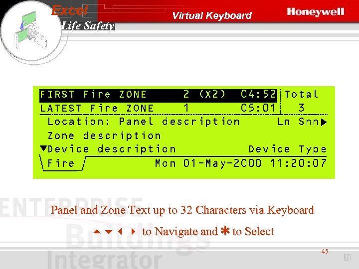 Excel Life Safety Virtual Keyboard Panel and Zone Text up to 32 Characters via