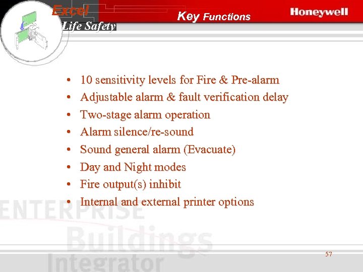 Excel Life Safety • • Key Functions 10 sensitivity levels for Fire & Pre-alarm