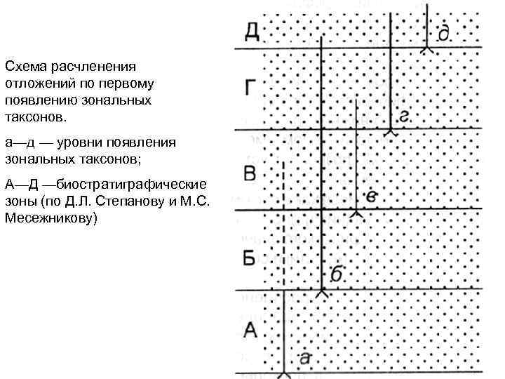 Схема расчленения отложений по первому появлению зональных таксонов. а—д — уровни появления зональных таксонов;