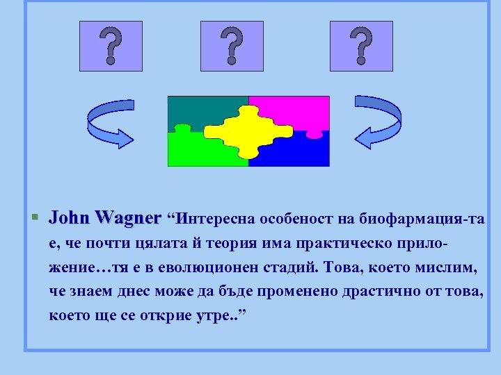 § John Wagner “Интересна особеност на биофармация-та е, че почти цялата й теория има