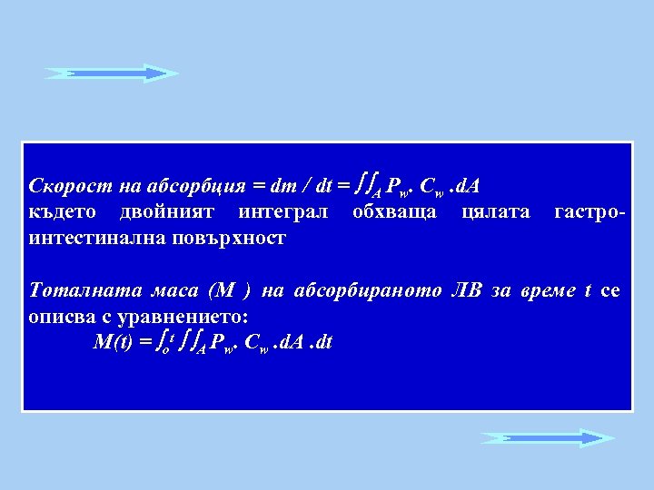 Скорост на абсорбция = dm / dt = A Pw. Cw. d. A където
