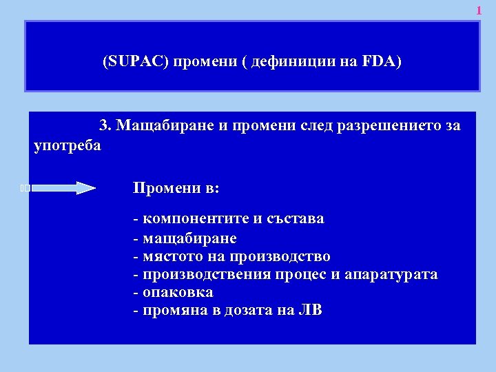 1 (SUPAC) промени ( дефиниции на FDA) 3. Мащабиране и промени след разрешението за