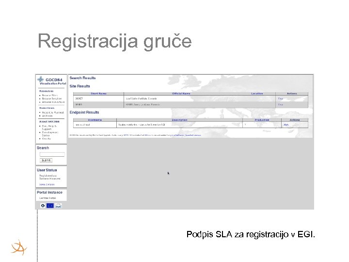 Registracija gruče Podpis SLA za registracijo v EGI. 