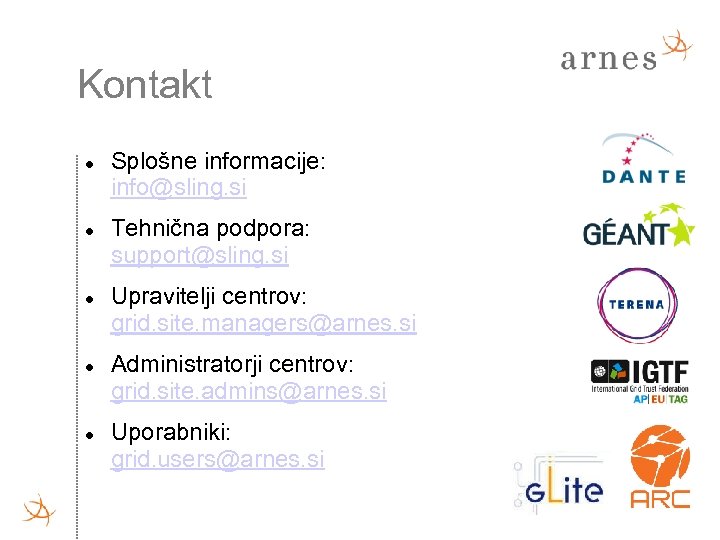 Kontakt Splošne informacije: info@sling. si Tehnična podpora: support@sling. si Upravitelji centrov: grid. site. managers@arnes.