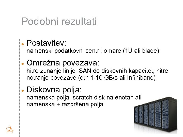 Podobni rezultati Postavitev: namenski podatkovni centri, omare (1 U ali blade) Omrežna povezava: hitre