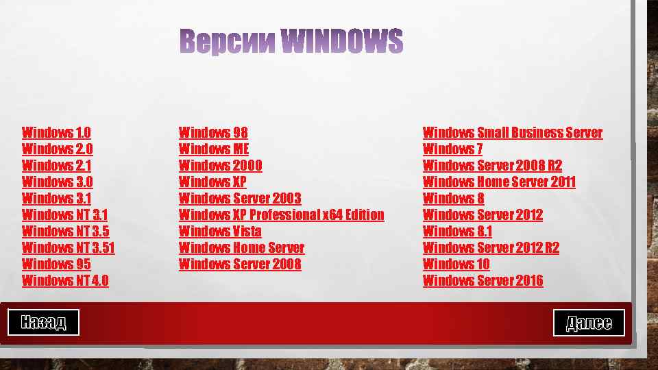Windows 1. 0 Windows 2. 1 Windows 3. 0 Windows 3. 1 Windows NT