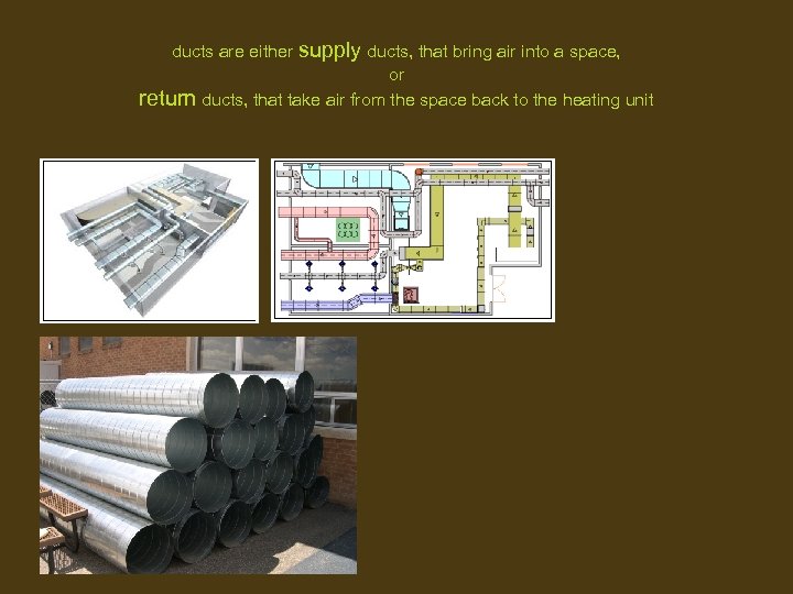 ducts are either supply ducts, that bring air into a space, or return ducts,