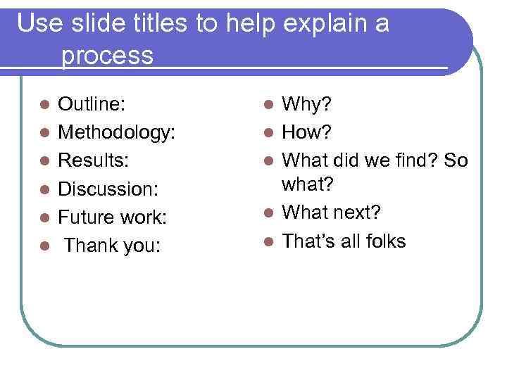 Use slide titles to help explain a process l l l Outline: Methodology: Results: