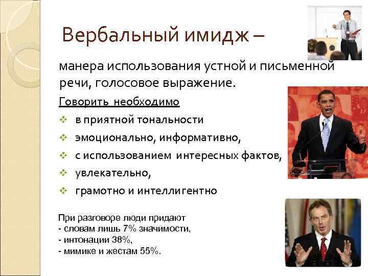 Вербальный имидж – манера использования устной и письменной речи, голосовое выражение. Говорить необходимо v